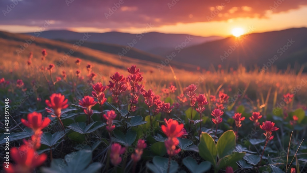 Fototapeta premium Red Flowers in Mountain Meadow at Sunset with Glowing Golden Light