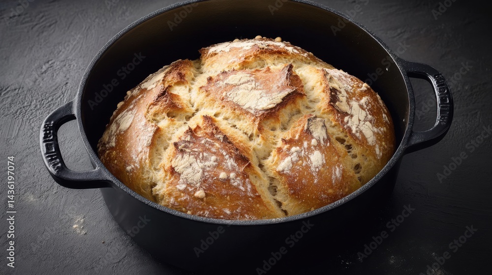 Delicious Homemade Crusty Bread Loaf in Black Cast Iron Pot A Rustic Bakery Style Food Photography Delicious Homemade Crusty Bread Loaf in Black Cast Iron Pot A Rustic Bakery Style Food Photography