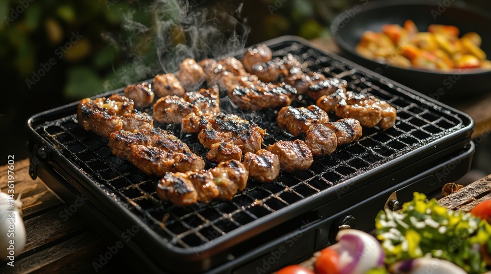 Delicious Grilled Kebabs Sizzling on a Portable Grill Outdoors Summertime BBQ Food Delicious Grilled Kebabs Sizzling on a Portable Grill Outdoors Summertime BBQ Food