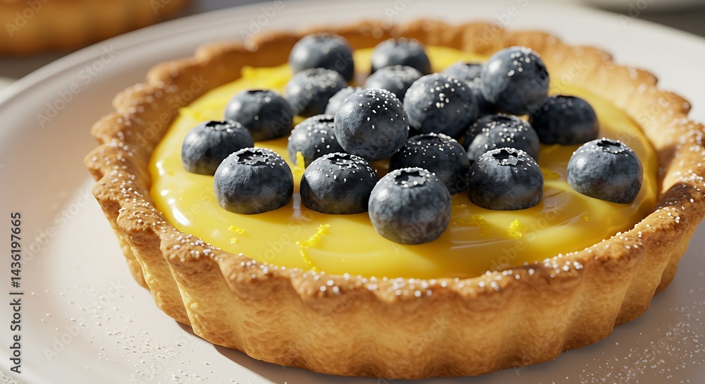 A buttery tart shell filled with lemon curd and fresh blueberries, dusted with powdered sugar, bright summer dessert styling A buttery tart shell filled with lemon curd and fresh blueberries, dusted with powdered sugar, bright summer dessert styling