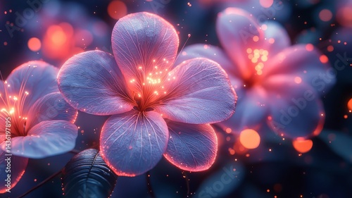 Enchanting close-up of glowing pink flowers in a dreamy setting, perfect for nature-themed designs and floral decor.