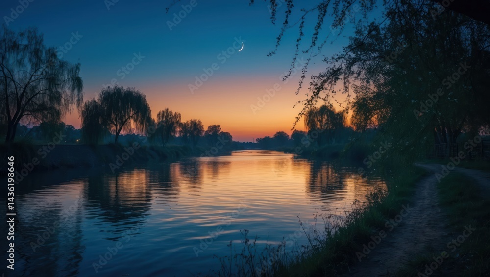 Fototapeta premium Serene River Flowing Under a Dusk Sky with Trees Silhouetted