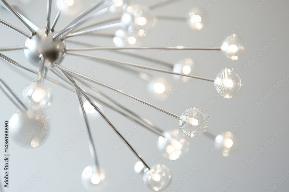 Obraz premium Close-up of a modern chandelier with silver arms and glass globe lights, casting a soft, diffused glow against a gray background.