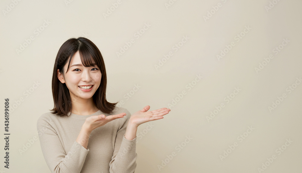 笑顔でジェスチャーを加えながら説明をする日本人の女性 笑顔でジェスチャーを加えながら説明をする日本人の女性