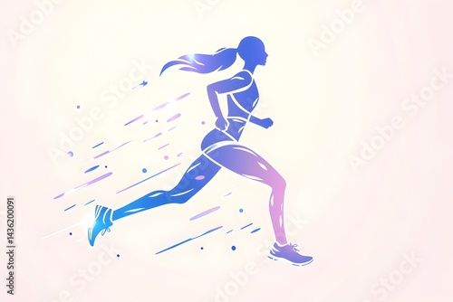 A dynamic silhouette of a female runner in motion, depicted with a gradient color scheme and speed lines, suggesting swiftness and energy