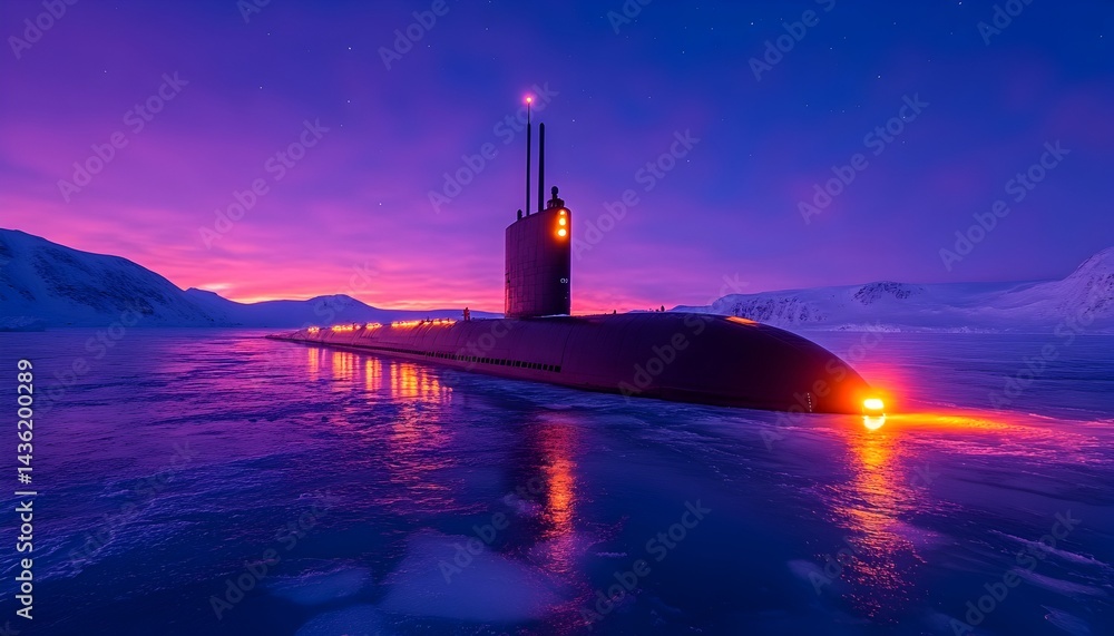 A sleek, dark submarine rests in icy arctic waters at twilight, its lights reflecting on the surface, a vibrant purple and pink sky overhead