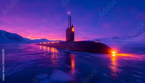 Obraz na płótnie A sleek, dark submarine rests in icy arctic waters at twilight, its lights reflecting on the surface, a vibrant purple and pink sky overhead w salonie