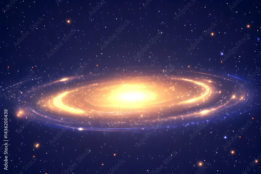 A vibrant spiral galaxy with a bright, golden core, surrounded by swirling arms of light and dust against a dark, starry backdrop