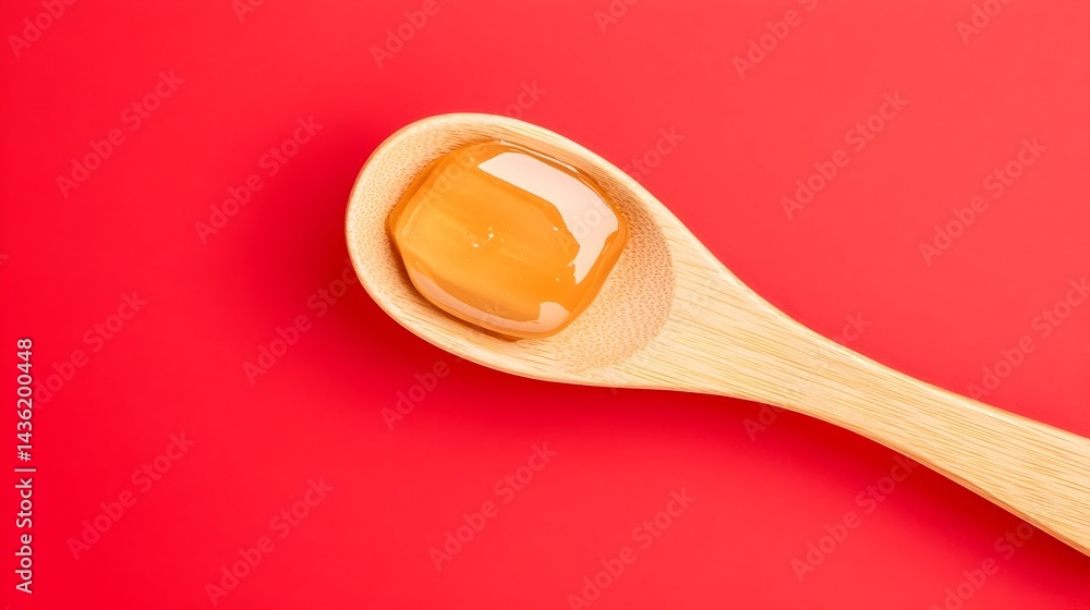 A wooden spoon holds a glistening amber gel against a vibrant red backdrop