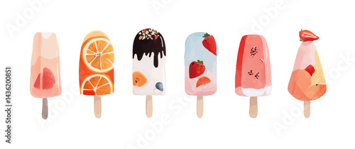 Foto watercolor Illustration of an Array of Ice Pops and Ice Cream Cones in a Flat La