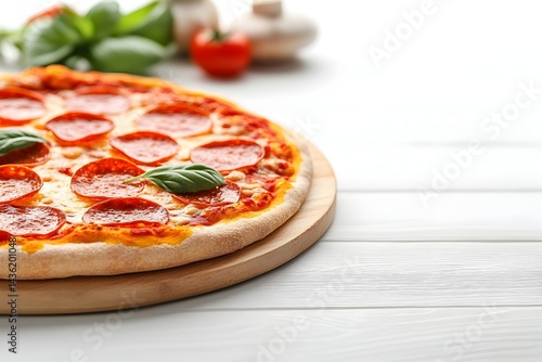 Delicious pepperoni pizza on wooden board, garnished with basil, alongside fresh tomatoes and mushrooms