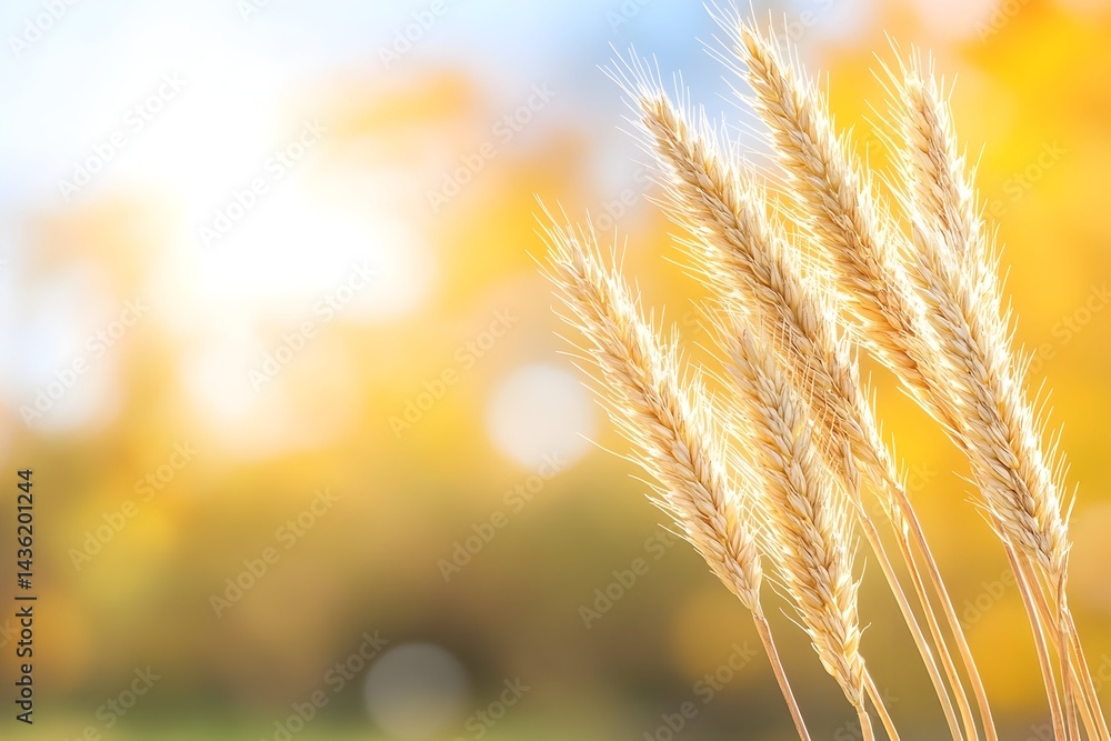 Golden wheat stalks against a sunlit autumnal backdrop
