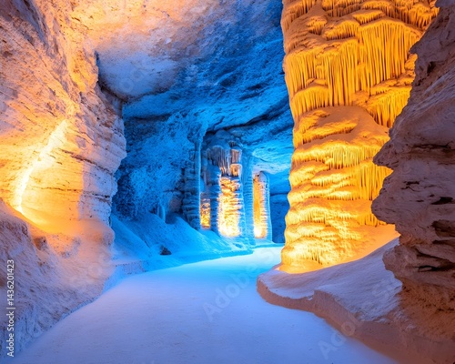Obraz na płótnie Illuminated cavern with ice-like formations and sandy floor, showcasing contrasting blue and orange lighting w salonie