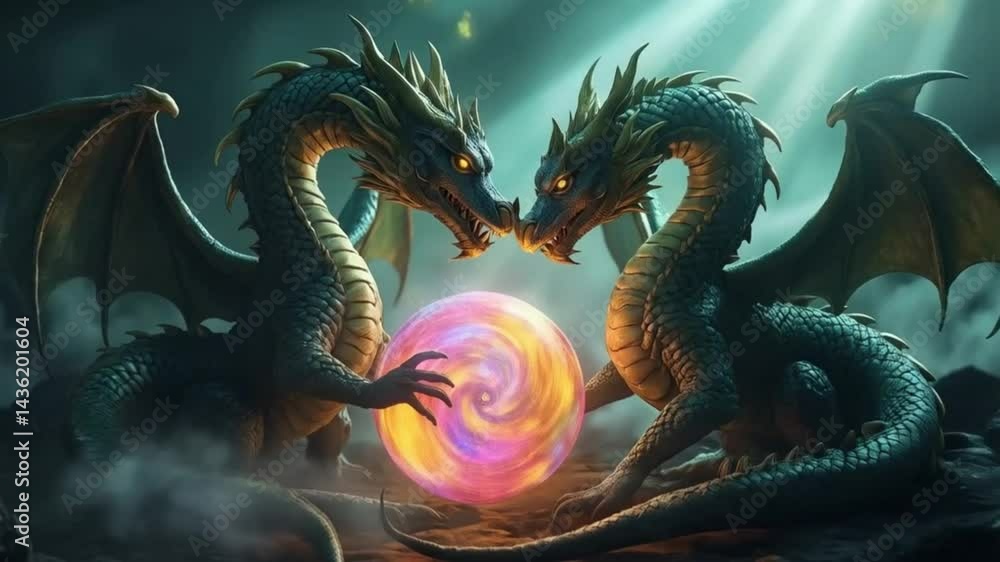 Dual Dragons and the Mystical Orb, Smooth looping for background video animation Dual Dragons and the Mystical Orb, Smooth looping for background video animation