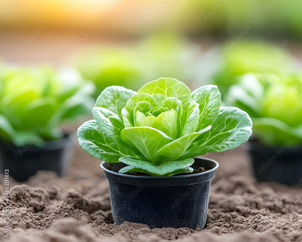 Lush green lettuce plant in a black pot, nestled in soil, with blurred background of other plants