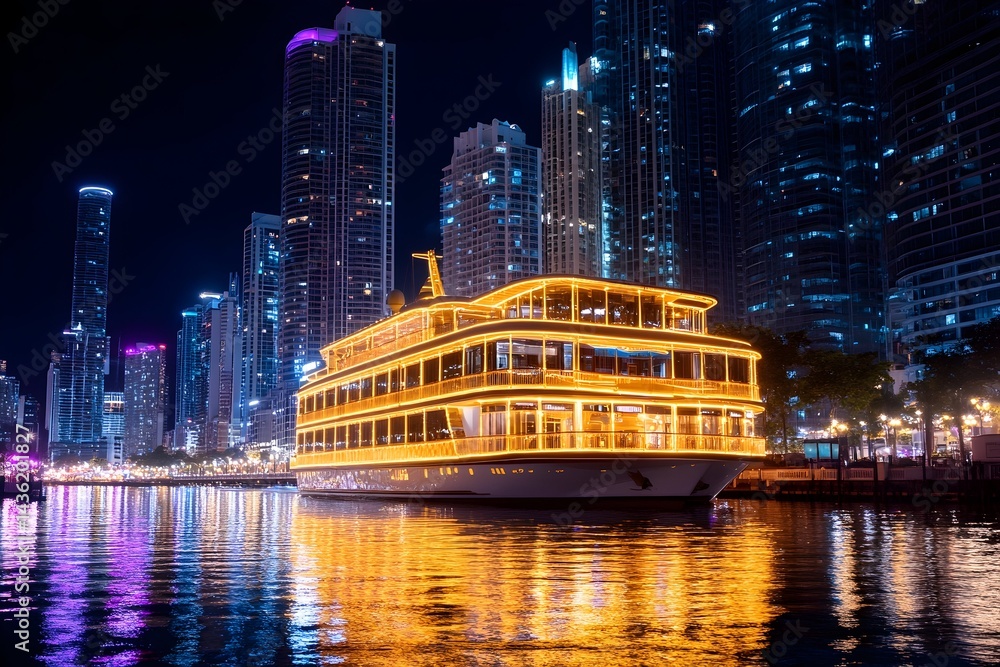 Nighttime cityscape with a brightly lit luxury yacht docked along a waterfront, reflecting in calm water