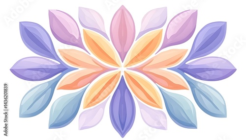 Pastel-colored floral design; symmetrical, petal-like shapes in soft purple, pink, and orange hues