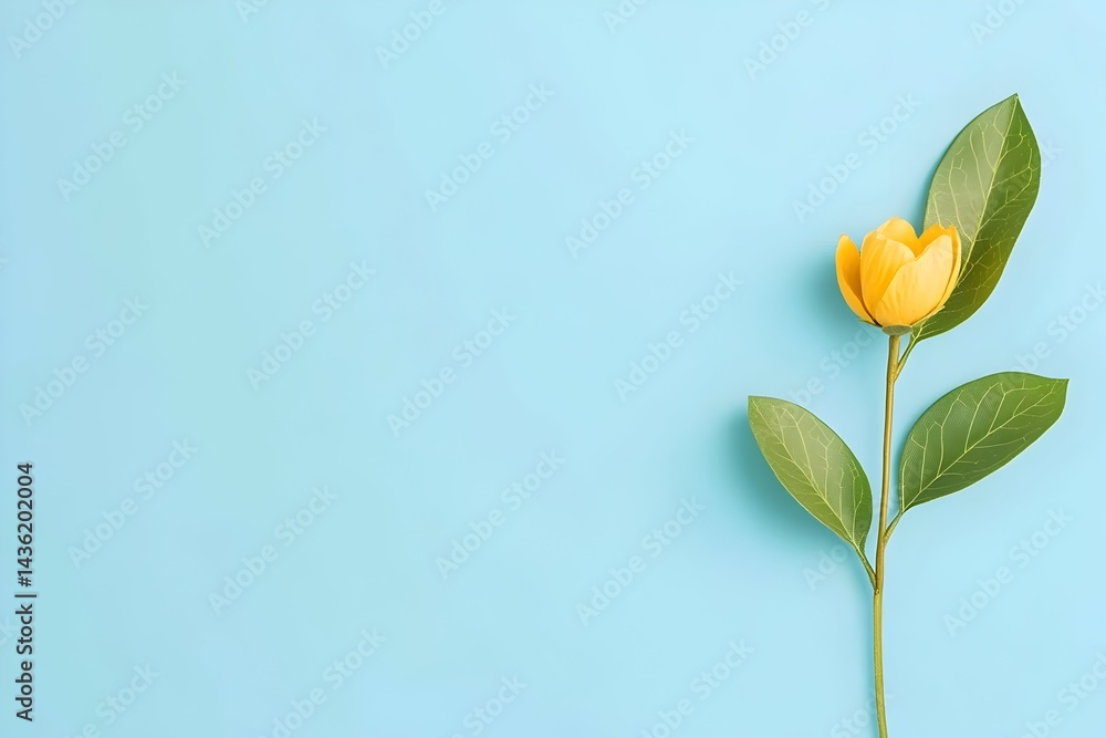 Single yellow flower with green leaves on light blue background