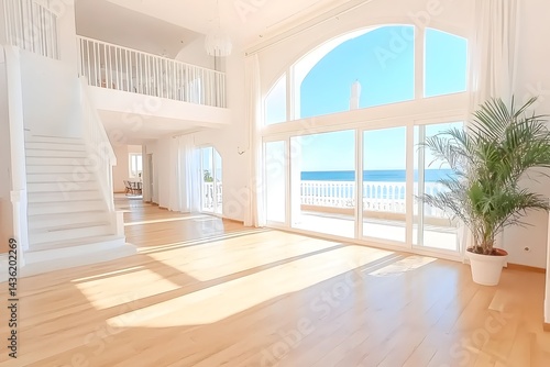 Obraz na płótnie Sunlit, spacious living room with ocean view, hardwood floors, white staircase, and balcony access w salonie