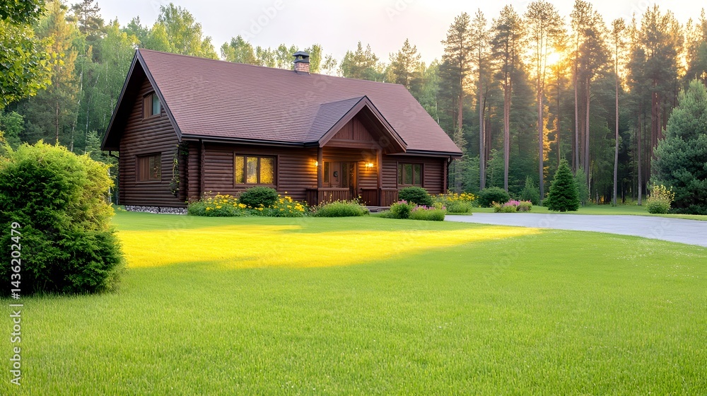 Sunset illuminates a cozy, dark-wood log cabin nestled in a lush green lawn, surrounded by tall pines