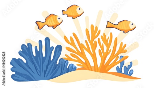 Three orange fish swim above blue and orange coral on a sandy seabed, sun rays in background