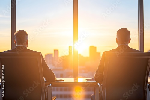 Obraz na płótnie Two businessmen seated, facing a cityscape sunset Golden light illuminates their backs w salonie