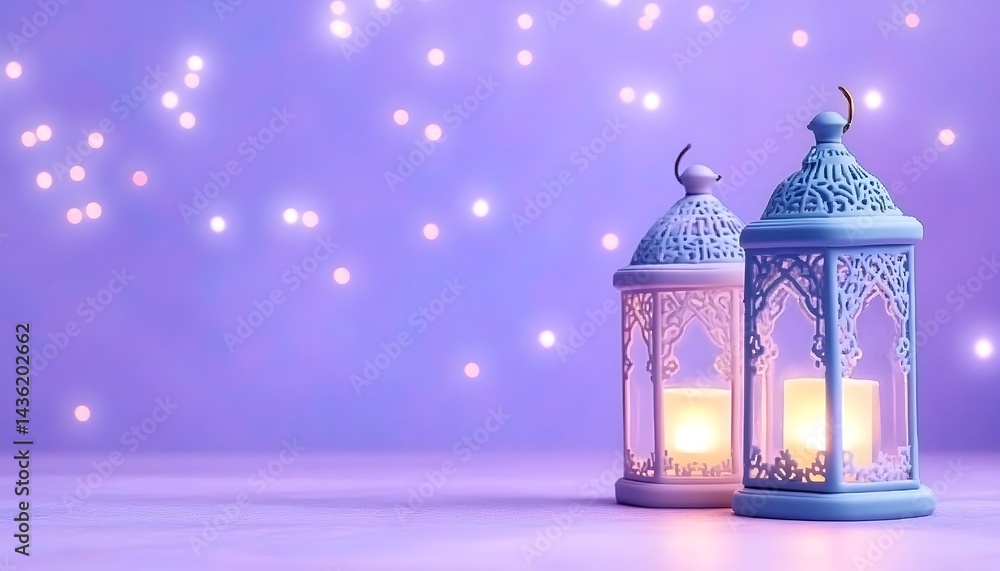 Two ornate, pastel-blue lanterns glow softly against a purple, bokeh-filled background