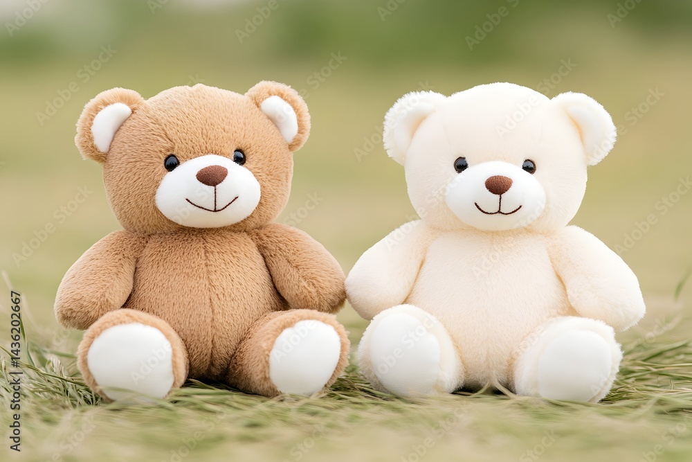 Two plush teddy bears, light brown and cream, sit side-by-side in grassy outdoors