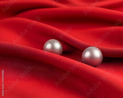 Two silver spheres rest on a red, subtly shimmering fabric, creating a simple, elegant scene