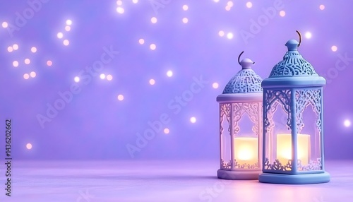 Two ornate, pastel-blue lanterns glow softly against a purple, bokeh-filled background