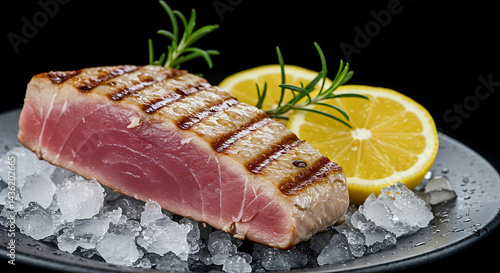 Grilled Tuna Steak on Ice with Lemon and Rosemary Garnish