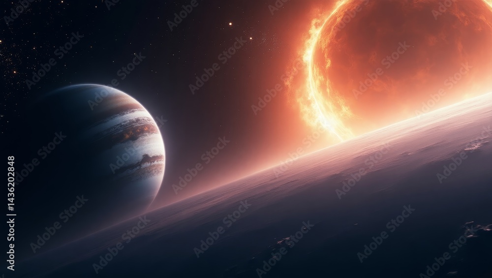 Obraz premium A cinematic and surreal scene of two majestic planets rising over a cloud-filled horizon, with a vibrant sunset glowing in the distance, generate AI