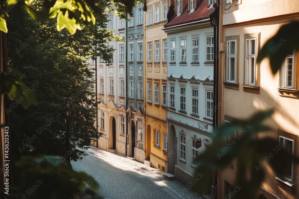 Naklejka premium Charming European alleyway lined with colorful historic buildings. Sunlight streams down a cobblestone street