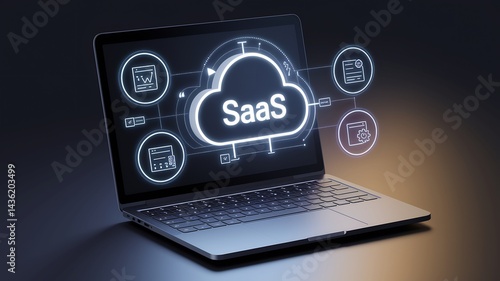 SaaS in Action: A dynamic visualization of SaaS concept, seamlessly displayed on a sleek laptop screen with a network of interconnected icons suggesting data flow. 
