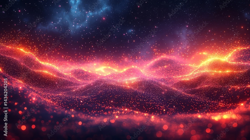 Obraz premium Vibrant cosmic landscape with glowing waves of energy and sparkling particles, evoking a sense of wonder and exploration in a digital universe.