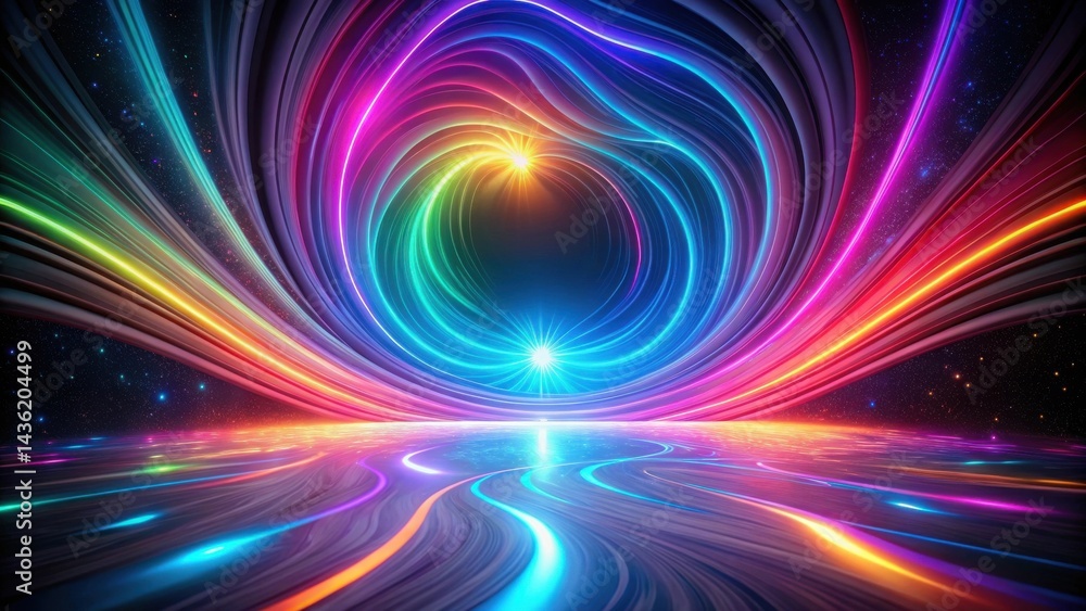Obraz premium Vibrant cosmic swirl with radiant energy streams and luminous trails illuminating a reflective surface