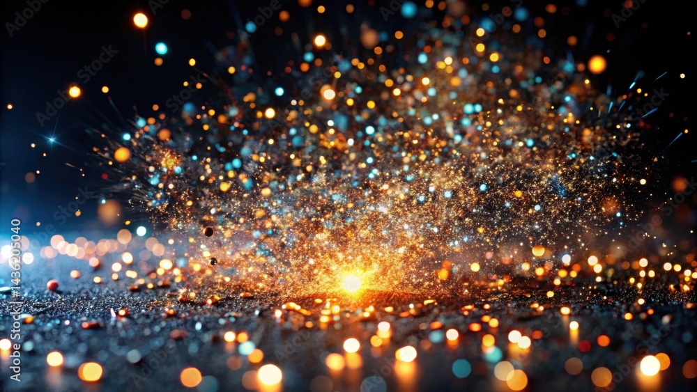 Fototapeta premium A radiant explosion of glittering particles, a mesmerizing display of vibrant colors and shimmering lights, perfect for celebratory backgrounds or festive designs.