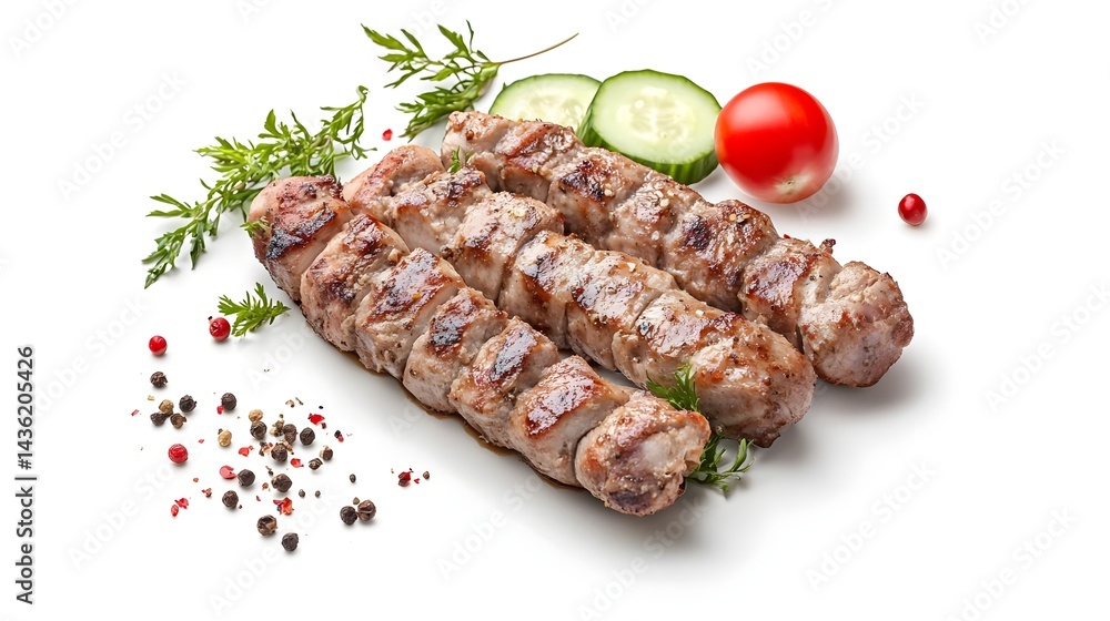 Grilled Chicken Skewers with Fresh Vegetables on White Background Grilled Chicken Skewers with Fresh Vegetables on White Background