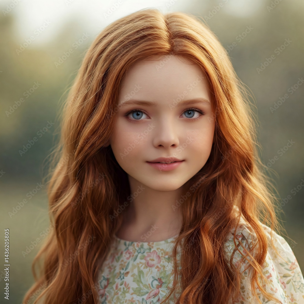 Charming Portrait of a Young Girl with Flowing Red Hair and Gentle Blue Eyes Outdoors Charming Portrait of a Young Girl with Flowing Red Hair and Gentle Blue Eyes Outdoors