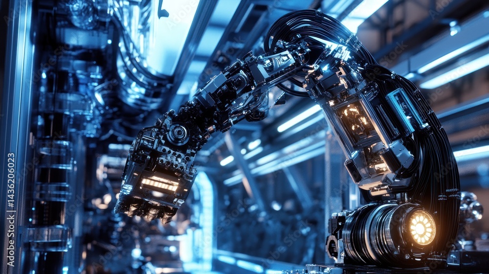High-tech robotic arm in a modern manufacturing facility. Complex machinery and intricate details highlight the precision and automation High-tech robotic arm in a modern manufacturing facility. Complex machinery and intricate details highlight the precision and automation