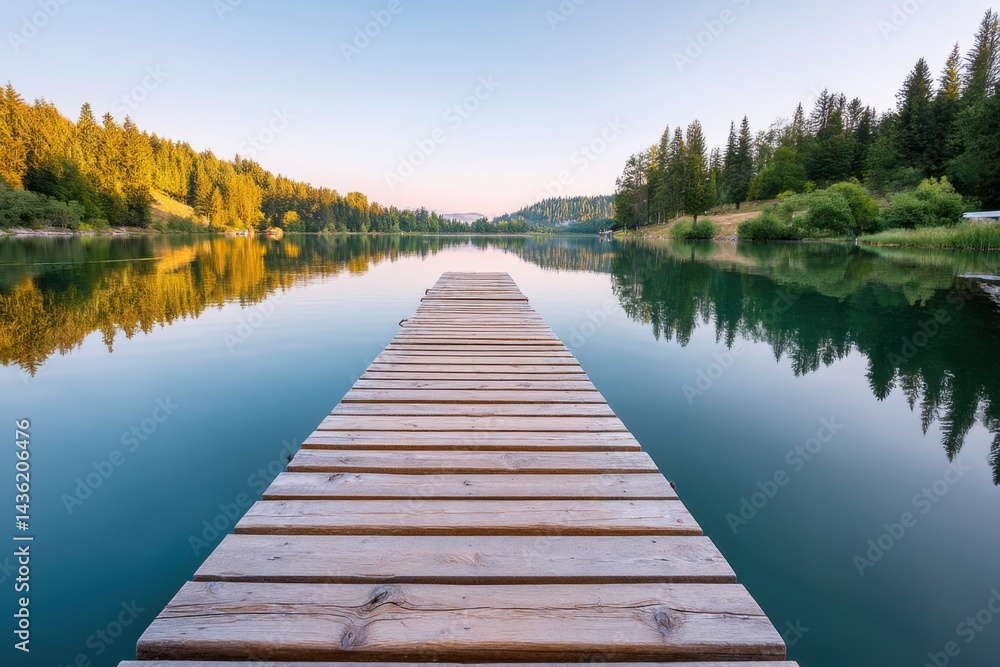 Serene wooden dock extending into calm lake surrounded by lush green trees reflecting in water creating a peaceful nature scene healthy living concept Serene wooden dock extending into calm lake surrounded by lush green trees reflecting in water creating a peaceful nature scene healthy living concept