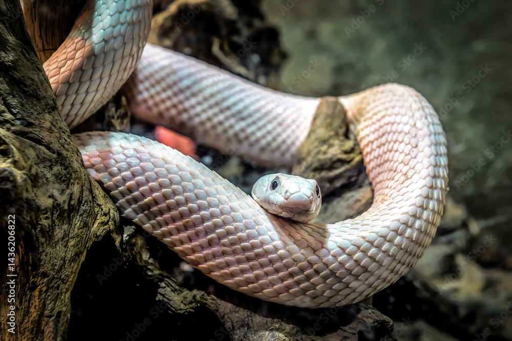 Fototapeta premium White rat snake on the dry tree stump