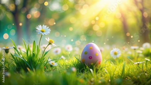 A Decorated Egg Nestled in a Spring Meadow Bathed in Sunlight, Surrounded by Delicate Wildflowers