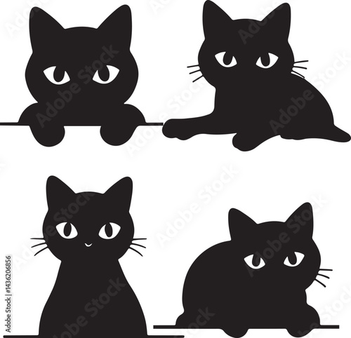 black cat silhouettes peeking over line with visible eyes and whiskers