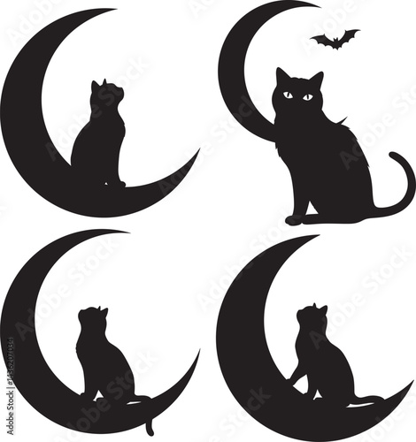 black cat silhouettes sitting on crescent moons with bat accent
