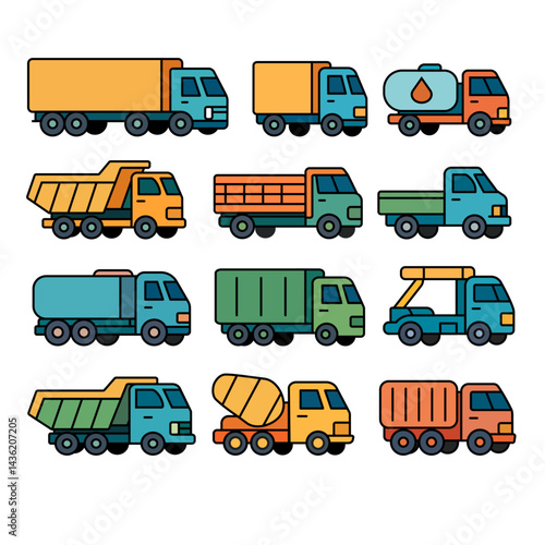 Illustration showing a set of colored trucks of different types and shapes, on a white background