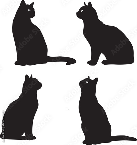black cat silhouettes sitting and looking in different directions