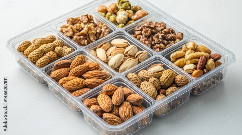 A clear plastic box containing assorted nuts and snacks. A clear plastic box containing assorted nuts and snacks.