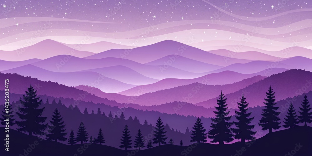 Obraz premium Purple Mountain Range at Night Illustration, Layered Landscape, Starry Sky, Silhouette Trees, Gradient Colors. Mountain range, art