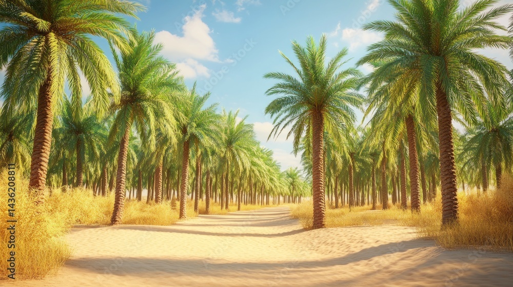 Obraz premium Sun-drenched palm grove pathway. Desert oasis